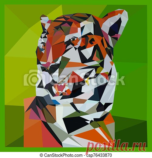 Low poly illustration of a tiger on a green background, close up triangulation, vector.