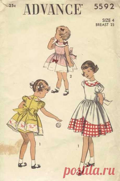 Advance 5592; ca. 1950; Girls' Dress. View 1, Dress with Puff Sleeves - Contrasting Bands and Lower Skirt - Button or Slide Fastener Closing - Separate Pantie; View 2, Sleeveless Dress with…