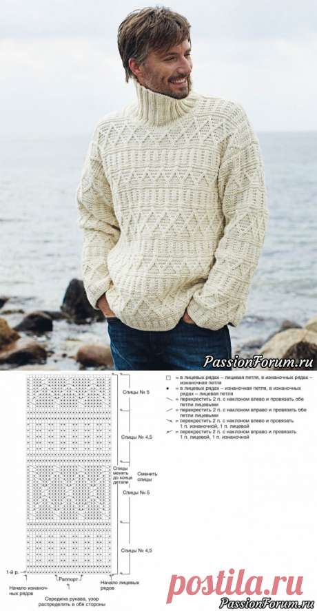 Мужской свитер с рельефным узором. Схема и описание | Вязание для мужчин спицами. Схемы вязания