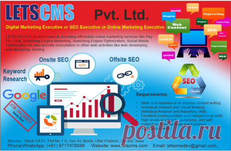 LETSCMS Pvt Ltd aims towards providing affordable online marketing services like Pay-Per Click, Searching Engine Marketing, Searching Engine Optimization, Social Media Optimization etc also provide consultation in other web activities like web developing, web designing, hosting.
Digital Marketing Executive or SEO Executive or Online Marketing Executive.
Contact our experts through.
Mail: letscmsdev@gmail.com,
Skype: jks0586,
Website: www.letscms.com,
Call/WhatsApp/WeChat: +91-9717478599.