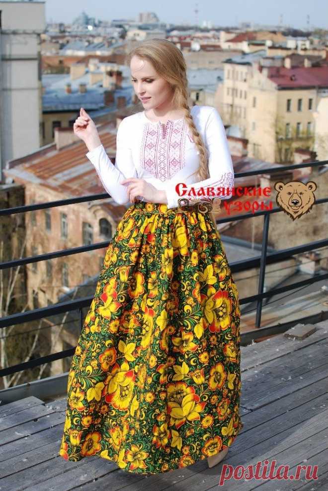 Длинная юбка в русском стиле Хохлома чёрная - купить в Интернет магазине женской славянской одежды. Юбка в русском стиле с рисунком. Ткань натуральная, хлопок