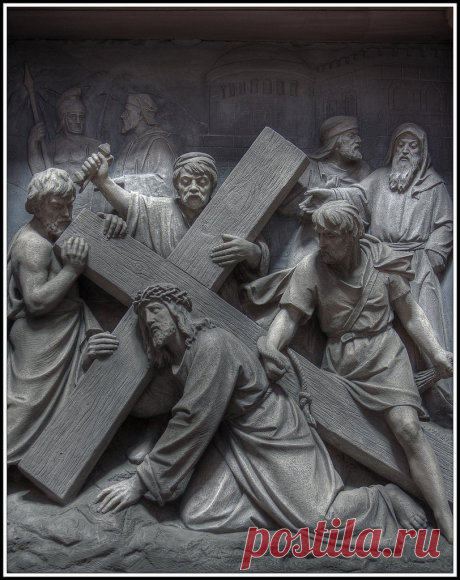 Stations of the cross - #3 (HDR) A sculpture in the Ludwigskirche in Darmstadt. There are sculptures depicting all 14 stations of the cross (Via Crucis) set into niches in the round walls of the church - this is #3.  Please view in large (or better original) size for best effect.  5 images, processed with Photomatix 2.5 and Photoshop Elements 5, exposure times between 2.0 sec and 32 secs (hand timed in BULB mode), at f/4,5 and 47 mm. ISO200.