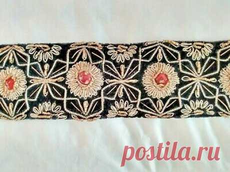 VTG black Velvet Belt gold embroidered Semi Precious Stones India handmade party  | eBay Gold string embroidered design, Semi Precious Stones; black satin lining. Size: 24" long x 2.5" not including the strings ; string length on each side: about 20" long.
