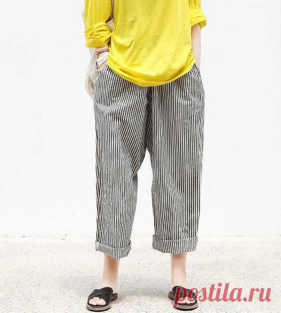 Women Linen striped pants Loose Wide Leg Trousers Pants With | Etsy 【Fabric】 Linen 【Color】 gray beige stripes 【Size】 Waist 64-88cm / 25-34 Hips 128cm / 50 Thigh circumference 78cm/ 30 Pants length 90cm / 35   Have any questions please contact me and I will be happy to help you.
