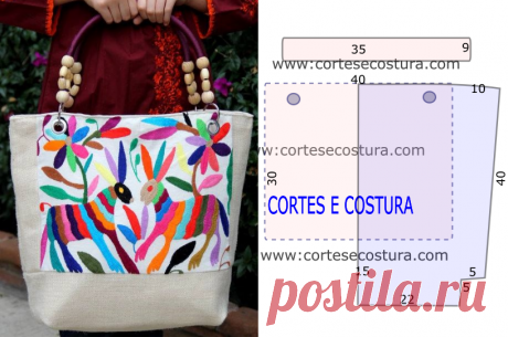 Bolsa com bordados com molde e com as medidas