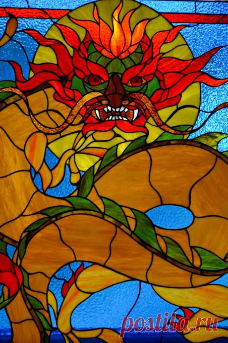 Chinese dragon Stained glass panel Tiffany method Stained-glass decor  Window hanging panel made of stained glass pieces by custom order. Handmade using Tiffany copper foil technique.Looks amazing in the lights of a sun.Framed with brass profile and aluminum frame.You will get it completely ready for installation. It comes with a copper chain.I can change the colors you like to your custo