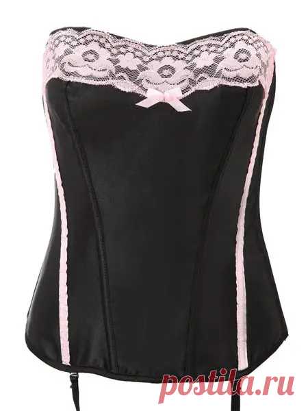 Sexy Women Lace Satin Overbust Corset Bustier - US$15.44