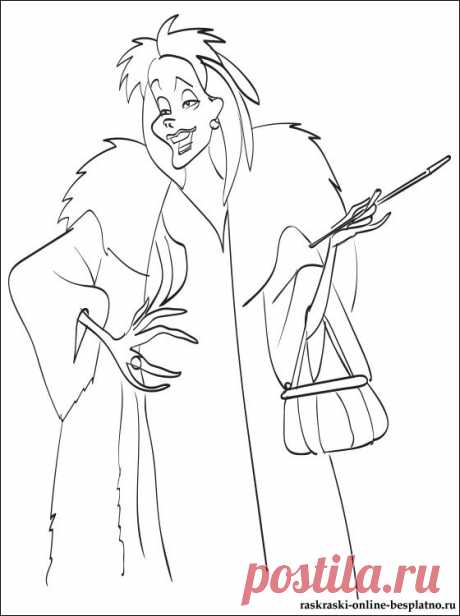 Раскраска Стервелла Де Виль | Раскраски для детей.  Стервелла Де Виль, она же Круэлла де Виль, является главной отрицательной героиней анимационного диснеевского фильма 101 Далматинец.