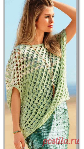 Вязание спицами. Описание женской модели со схемой и выкройкой. Широкий свободный пуловер с крупным ажурным узором. Размеры: 38–42