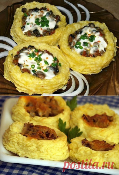 Картофельные гнезда с грибами,в чесночно-сметанном соусе