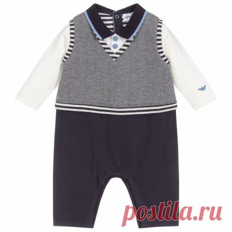 Boys Blue Cotton Babygrow Smart navy blue and ivory babygrow by Italian designer Emporio Armani, made in soft, comfortable cotton jersey. It has a herringbone waistcoat, logo buttons on the front and the brand's signature, embroidered, pale blue logo on one sleeve.
