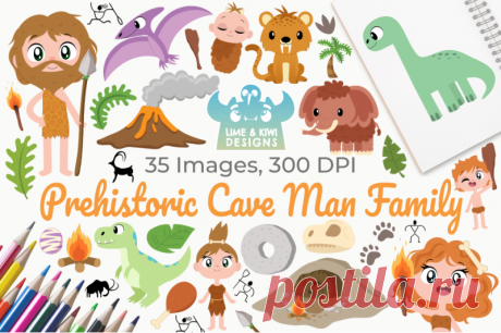Prehistoric Cave Man Family Clipart, Instant Download, Commercial Use By Lime and Kiwi Designs | TheHungryJPEG.com