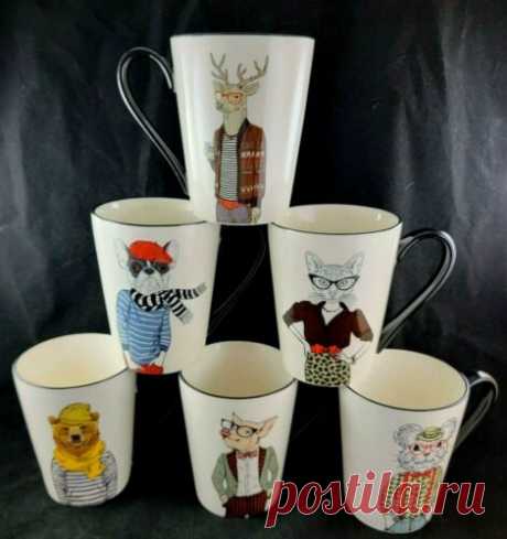 Signature Animal Mug Set 6-piece Animal Art Mugs 16.5 oz Stoneware | eBay
