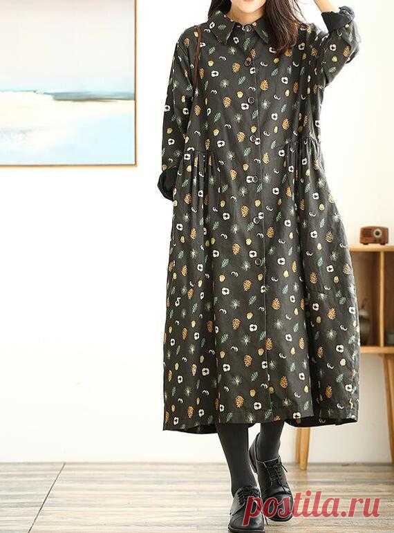 Women Floral Dresses, Loose dress, longsleeved dress,  spring Shirt dress, Single breasted gown 【Fabric】 Cotton Lined Cotton 【Color】 brown, dark gray 【Size】 Shoulder 46cm / 18  Sleeve length 54cm / 21  Bust 122cm / 47  Big arm circumference 45cm / 18  Skirt length 110cm / 43    Have any questions please contact me and I will be happy to help you.