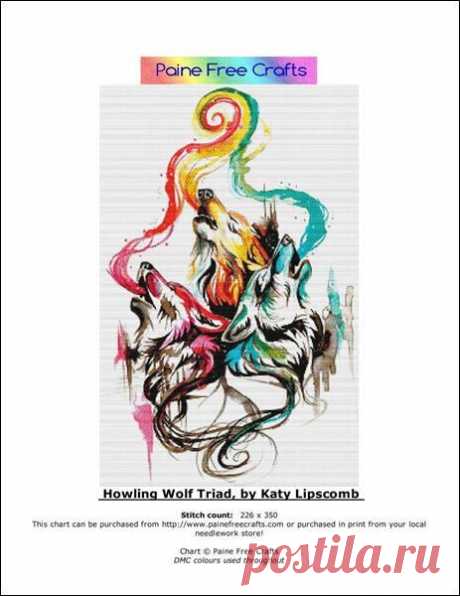 Howling Wolf Triad pattern Paine Free Crafts licences a wide range of art from all around the world. We carefully edit and convert the art using photo editing software and specialized cross stitch software to create cross stitch art that looks exactly like the mock-up shown on the front cover of the chart package. Thank you for your interest! Pr