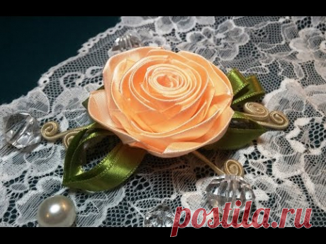 Ribbon flowers: rose from the narrow ribbon/Цветы из лент: роза из узкой ленты.МК - YouTube
