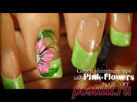 Green shimmery tips &amp; Pink Flowers nail art