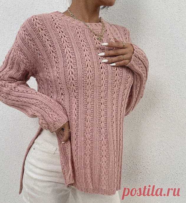 Джемпер с ажурными дорожками для любителей вязать спицами