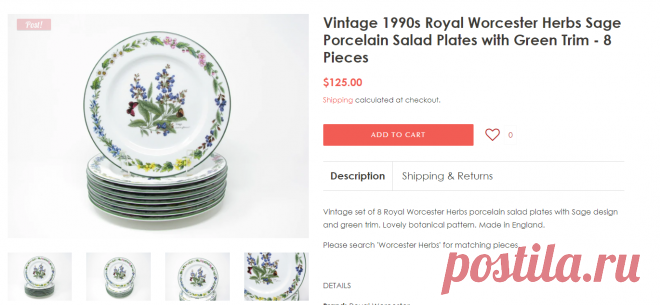 Vintage 1990s Royal Worcester Herbs Sage Porcelain Salad Plates with G – edgebrookhouse