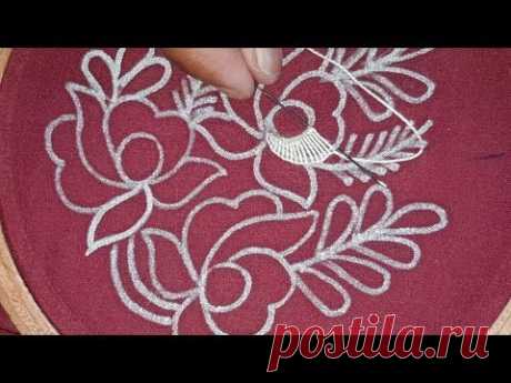 Hand Embroidery:Butta Flower Design With Double Buttonhole Stitch and Fishbone Embroidery design