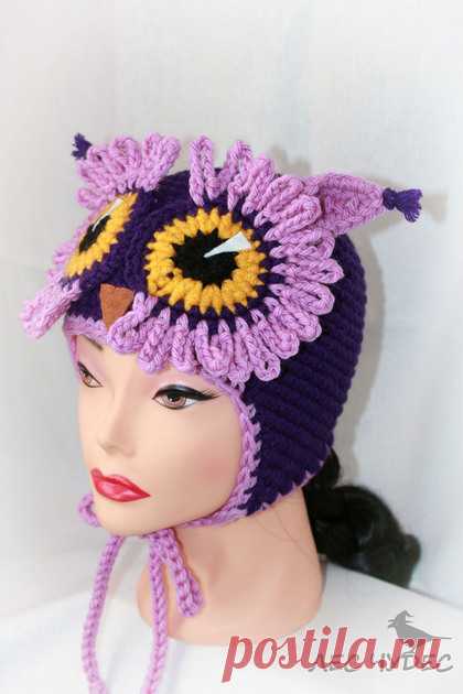 Купить Детская шапка "Сова сиреневая" - фиолетовый, детская шапка, вязаная шапка, шапка для девочки