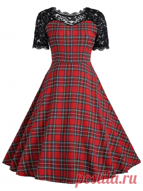 Vintage Lace Panel Tartan Dress Cheap Fashion online retailer providing customers trendy and stylish clothing including different categories such as dresses, tops, swimwear.