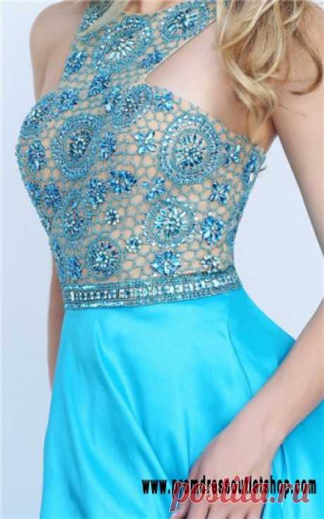 2016 Sherri Hill 50106 Turquoise Haltered Beaded Appliques Long Evening Dress : 2016 Prom Dress Outlet Shop,Fashion Graduation Gowns in Cheap Price
