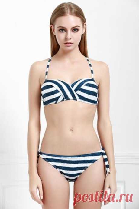 Sexy Halter Bra and Low-Waist Tied Briefs Striped Bikini Set For Women - White And Black - L