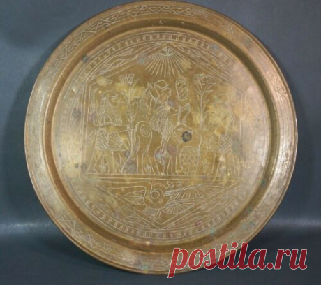 Antique Egyptian Revival Cairoware Pharaoh Brass Plate Charger serving Tray Dish | eBay