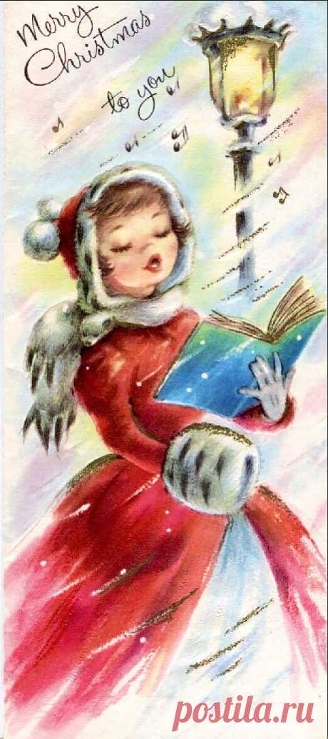 Vintage Tall Treasures Christmas Card: Young Woman Caroling