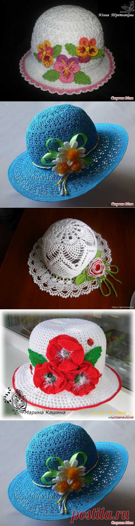 Летние шляпки связанные крючком с цветами - много схем,идей и мк. Есть схемы вязания