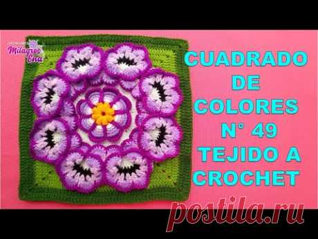 Como tejer el Cuadrado o muestra de colores N°49 a crochet para colchas y cojines paso a paso