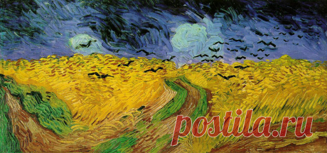 Поле пшеницы под грозовым небом. Картина, пейзаж, желтое пшеничное поле, стая ворон, живопись, рисунки