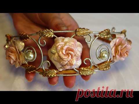 Flower Tiara with polymer clay roses and gold leaf. Diy headband crown. Wedding hair jewelry