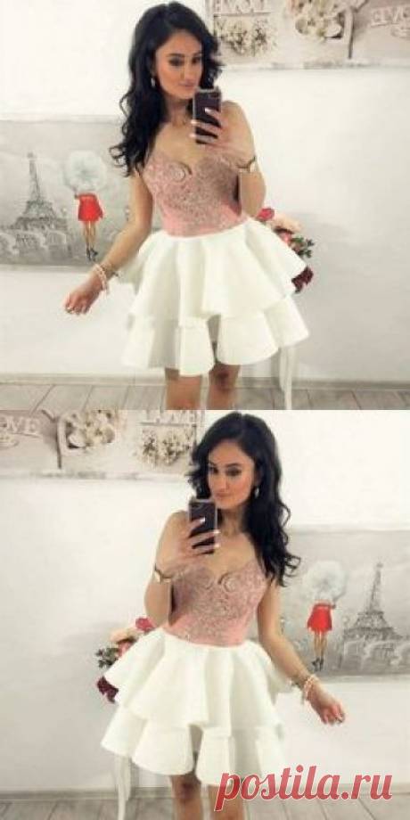 fashion spaghetti straps pink lace short homecoming dresses, chic a line white tiered graduation party gowns #homecoming
