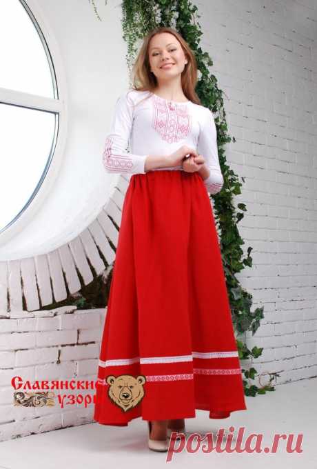 Длинная юбка красная на резинке с орнаментом и кружевом, трапеция - купить в Интернет магазине женской славянской одежды. Юбка в русском стиле с рисунком. Ткань натуральная, лён