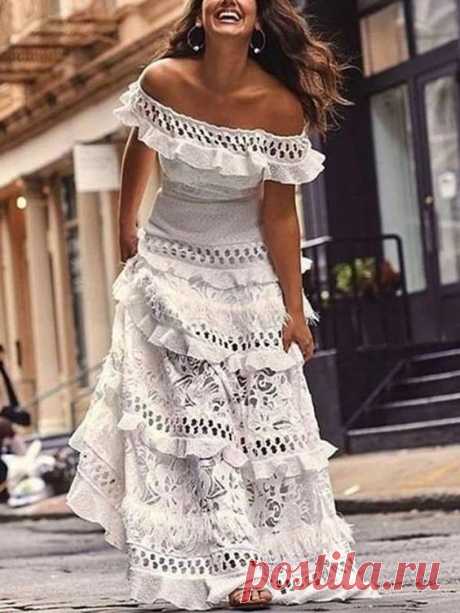 White Patchwork Lace Cut Out Ruffle Boat Neck Elegant Beach Wedding Prom Maxi Dress - Maxi Dresses - Dresses