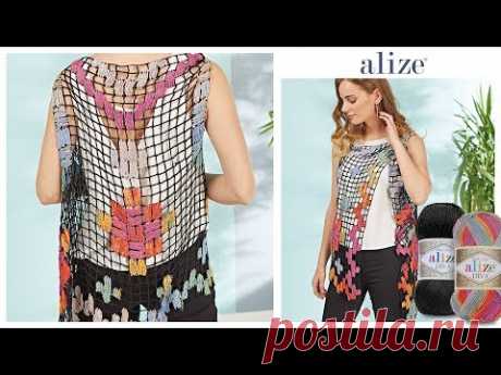 Tığ İşi Desenli Yazlık Yelek - Crochet Summer Vest w/ Alize Diva & Diva Batik
