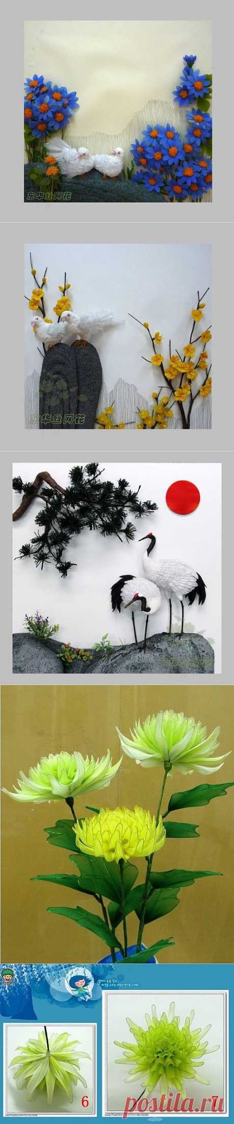 (+1) тема - Хризантема из капроновых чулочных изделий от китайской рукодельницы Ву Чуан-до | СВОИМИ РУКАМИ