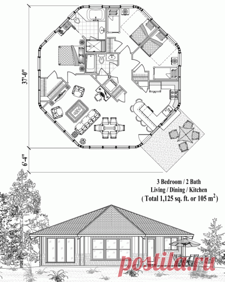 Topsider Homes Online House Plan: 1125 sq. ft., 3 Bedrooms, 2 Baths, Patio Collection (PT-0424) by Topsider Homes.