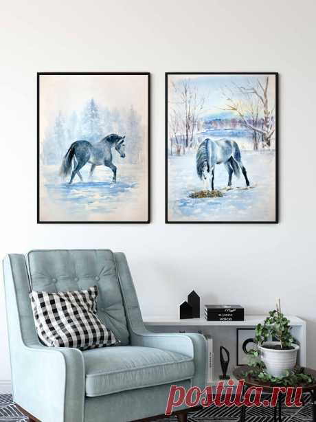Christmas printable wall art set of 2 Watercolor Horse | Etsy