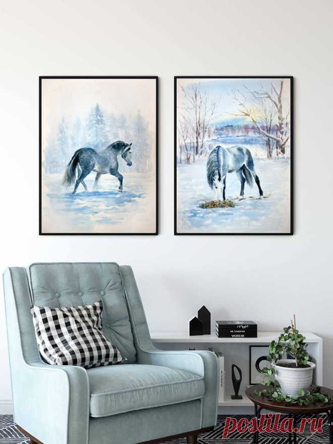Christmas printable wall art set of 2 Watercolor Horse | Etsy