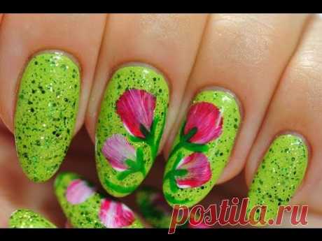 Nail Art. Red Flowers. Shiny Green Nails.