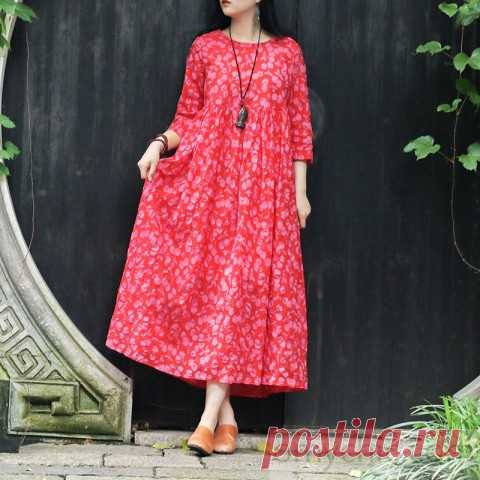 Italian red print cotton tunics for women Korea Fabrics o neck pockets Robe Summer Dresses - Summer Dresses
