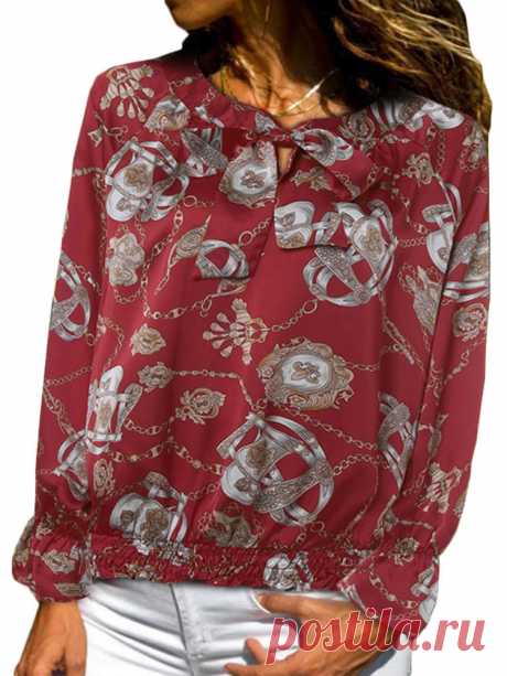 Women Vintage Satin Print Long Sleeve Elastic Hem Shirts with Bow - US$15.99