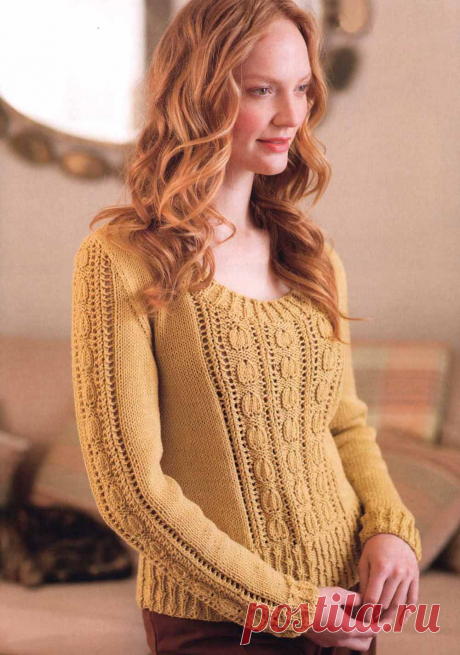 Вязание крючком и спицами - Пуловер золотистого цвета с узором листочки