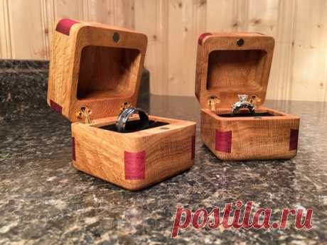 Custom Made Beautiful Wood Wedding Ring Box's Figured White Oak with Purple Heart , Engraved Epoxy Resin Inlay FREE SHIPPING IN THE USA   Measurements 2 1/2 x 2 1/2 x 2 1/2 Hidden brass hinges, Earth magnets for the lids to keep your rings safe for your wedding Beautiful Figured White Oak with Purple Heart Corner Dove Tails the contrast of the two woods make a beautiful looking Box for