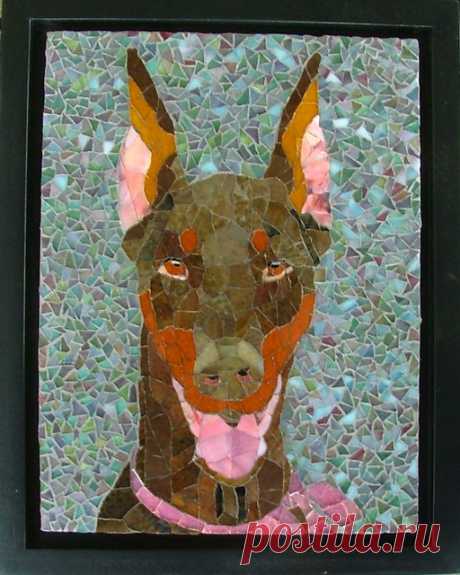Campary 9x12"  Stained Glass.  This is Campary, a red Doberman of "Tupzu" here on Flickr.  Campary has the most vibrant rust eyes and muzzle I've seen on a red doberman in a long time.  She always seems to be smiling and having a great time with her little brother "Villi".