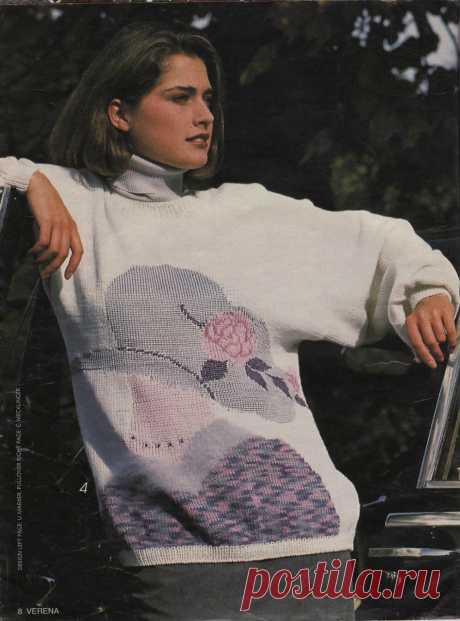 Пуловер "Дама в шляпе" спицами из старой "Верены". Эта модель&nbsp; - из журнала "Верена" №1 за 1992г. смотрится интересно и привлечет внимание. Как хороши были дизайнеры в то время!