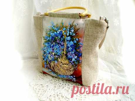Bag handmade, white  original bag, shoulder bag with flower,  Ribbon embroidery bag, embroidered flower handbag, women bag,  basket,textile Bag embroidered with ribbons-an original addition to your summer outfit. The bag is made of velvet, the color is black, dense and holds its shape well. Embroidery in the technique of application. All colors are tinted by hand, paints for fabric batik products do not fade. Zip closure.